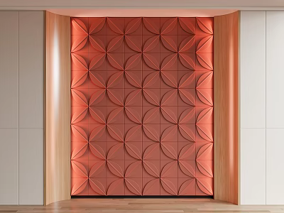 Elegant Red Textured Background Wall With Geometric Circular Patterns And Wooden Borders In Modern Interior 3d model