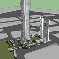 Modern Twin Office Building Towers With Glass Facade And Landscaped Walkways