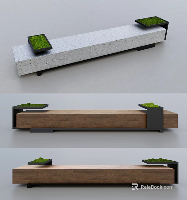 Modern Outdoor Landscape Bench Design With Concrete Wooden Surface And Small Green Plant Planters 3d model 