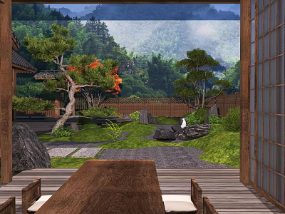 Traditional Japanese Garden View With Wooden Deck Stone Lantern And Greenery 3d model