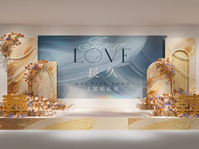 Elegant Wedding Stage with Forever LOVE Theme Golden Decorations and Floral Arches 3d model