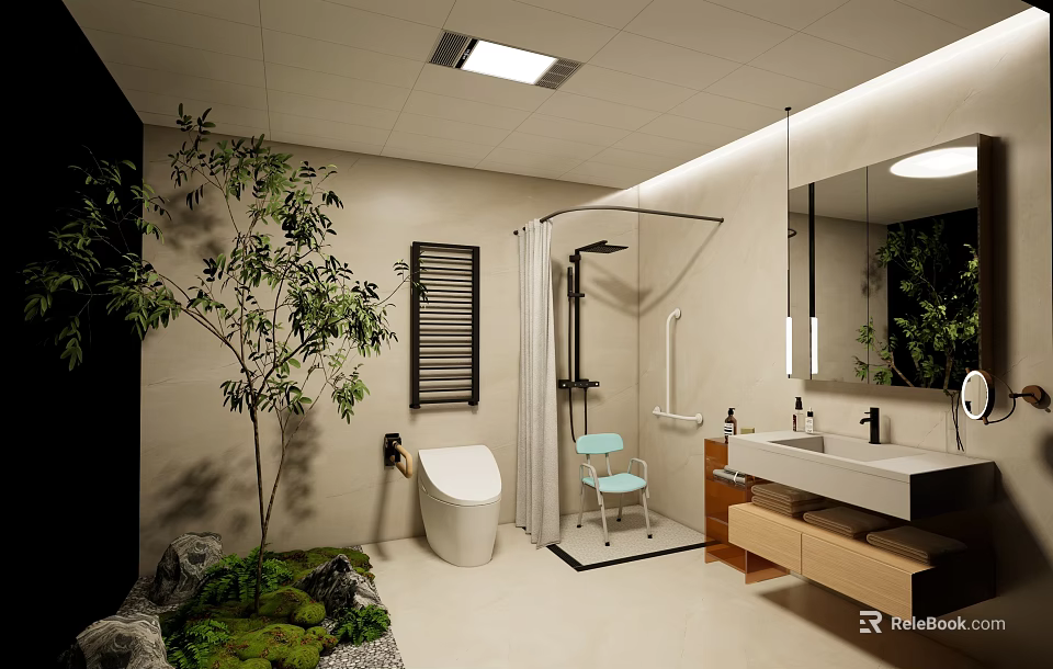 Modern Bathroom Suite With Shower Enclosure Toilet Vanity Sink And Green Plants 3d model 