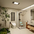 Modern Bathroom Suite With Shower Enclosure Toilet Vanity Sink And Green Plants