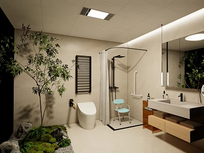 Modern Bathroom Suite With Shower Enclosure Toilet Vanity Sink And Green Plants 3d model