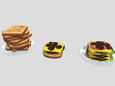 Delicious Toasted Bread Stack Fresh Juicy Hamburger and Sandwich on Plates 3d model