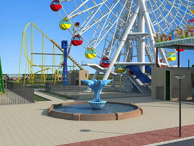 Fun Amusement Park With Ferris Wheel Roller Coaster And Dolphin Fountain 3d model