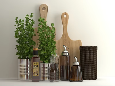 Elegant Kitchen Counter Display With Glass Spice Bottles Fresh Herbs Wooden Boards And Woven Container 3d model