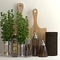 Elegant Kitchen Counter Display With Glass Spice Bottles Fresh Herbs Wooden Boards And Woven Container