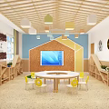 Kindergarten School Interior With Wooden Ceiling Round Windows And Colorful Pendant Lights