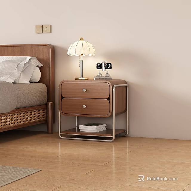 Modern Wooden Nightstand With Two Drawers Table Lamp Calendar And Books In Bedroom 3d model 
