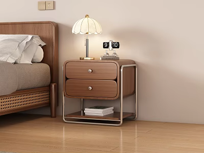 Modern Wooden Nightstand With Two Drawers Table Lamp Calendar And Books In Bedroom 3d model