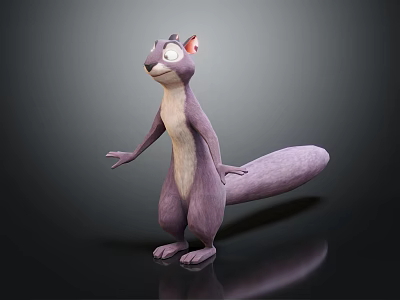 Cute Purple Cartoon Squirrel 3D Model With Big Eyes Long Tail Standing On Dark Background 3d model