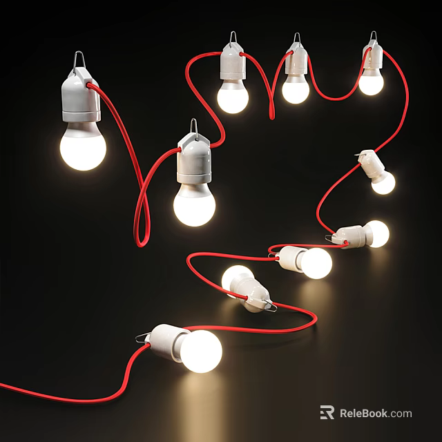Illuminated Decorative String Lights With Red Wires And Multiple Glowing Bulbs 3d model