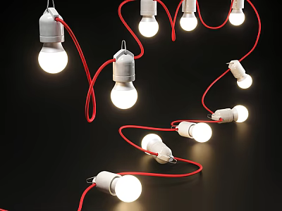 Illuminated Decorative String Lights With Red Wires And Multiple Glowing Bulbs 3d model