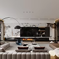 Modern Open Concept Living Dining Room With Sofa TV Wall And Marble Accents