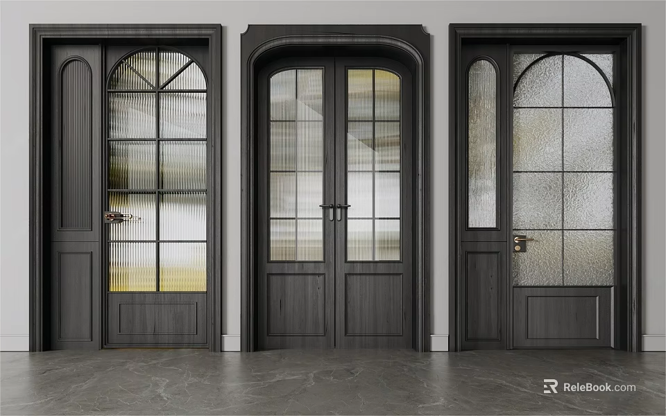 Elegant Dark Wood Double Doors With Glass Panels And Modern Design Features 3d model 