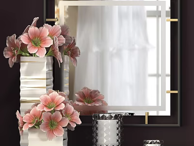 Elegant Pink Flowers In White Vases With Decorative Mirror And Glass Candle Holders 3d model