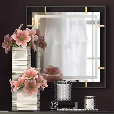 Elegant Pink Flowers In White Vases With Decorative Mirror And Glass Candle Holders 3d model