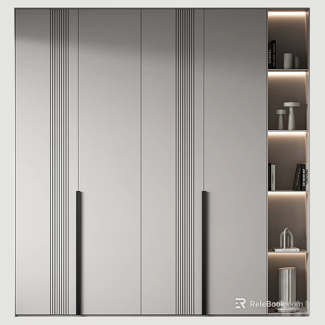 Modern White Wardrobe Design With Black Handles And Illuminated Open Shelves 3d model 