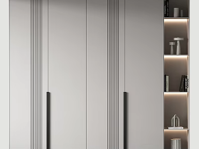 Modern White Wardrobe Design With Black Handles And Illuminated Open Shelves 3d model