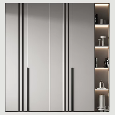 Modern White Wardrobe Design With Black Handles And Illuminated Open Shelves 3d model