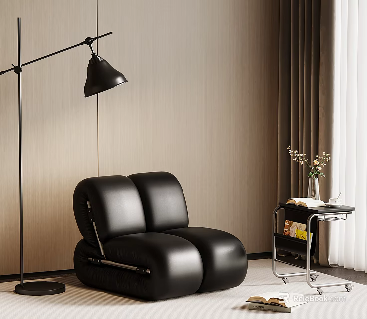 Comfortable Black Leather Bean Bag Chair with Floor Lamp and Side Table 3d model