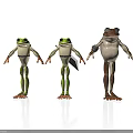 Three Animated Cartoon Frogs With Different Colors And Standing Poses