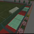 Outdoor Sports Fitness Space With Fenced Tennis Courts Green Red Surfaces Adjacent Soccer Field Flowering Plants