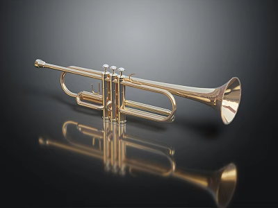 Shiny Golden Brass Trumpet Instrument on Black Background with Reflection 3d model