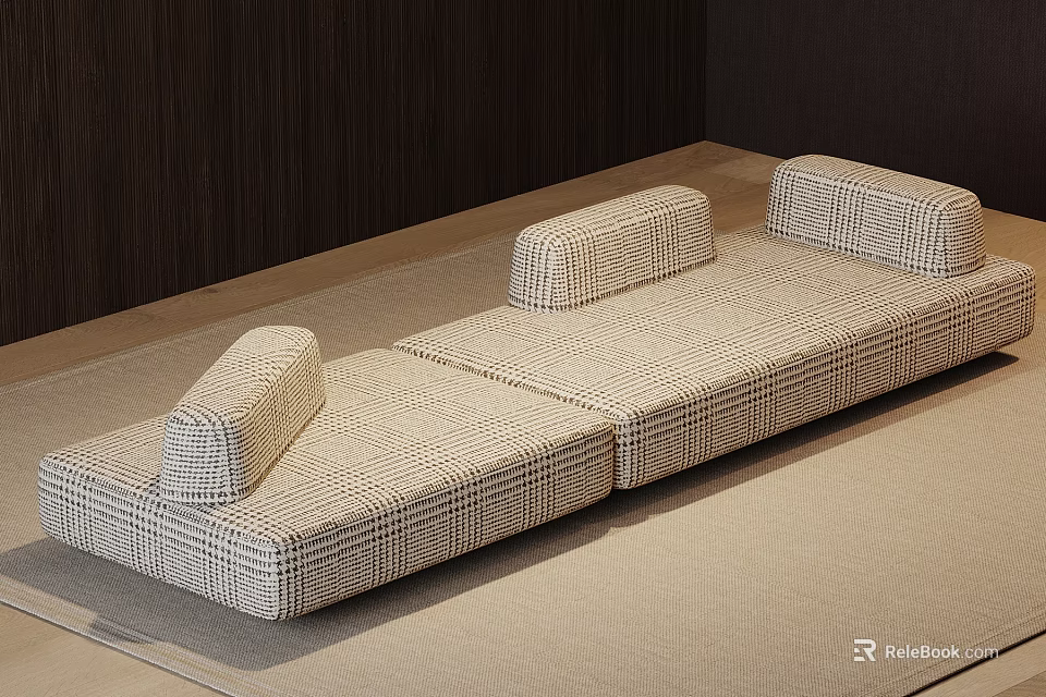 Modern Double Sofa With Plaid Pattern And Accent Pillows In Neutral Tones 3d model 