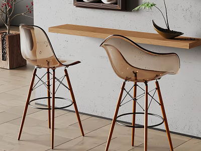 Modern Bar Counter With Wooden Top Transparent Chairs And Wall Shelf Plant Vase 3d model