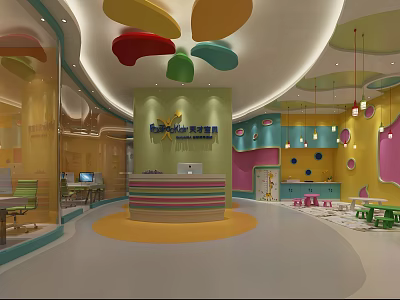 Kindergarten Bright Interior Design With Colorful Ceiling Decorations And Reception Desk 3d model