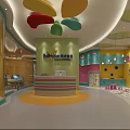 Kindergarten Bright Interior Design With Colorful Ceiling Decorations And Reception Desk