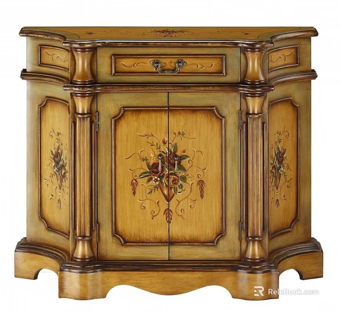 Classic Style Entryway Cabinet Sideboard With Hand-Painted Floral Design Wooden Gold Accents Carved Details 3d model 