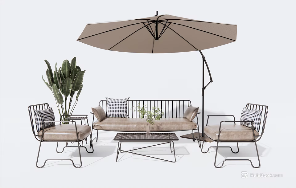 Outdoor Sofa Set with Umbrella Chairs Coffee Table and Plant 3d model