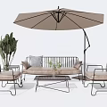 Outdoor Sofa Set with Umbrella Chairs Coffee Table and Plant 3d model