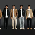 Six Young Men Standing in Line Wearing Jackets and Pants On Dark Background With Reflective Floor