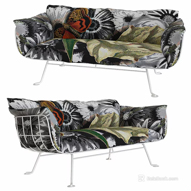 Stylish Multi Seat Sofa with Floral Pattern and Metal Frame Design 3d model 