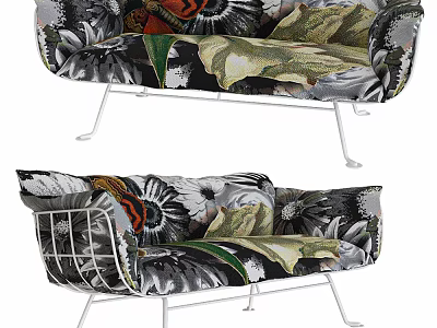 Stylish Multi Seat Sofa with Floral Pattern and Metal Frame Design 3d model