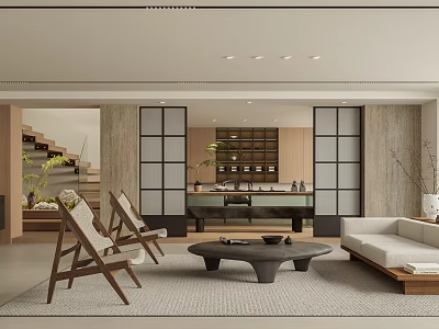 Modern Open Living Room Interior With Wooden Chairs Round Coffee Table Sofa Bookshelf And Rug 3d model