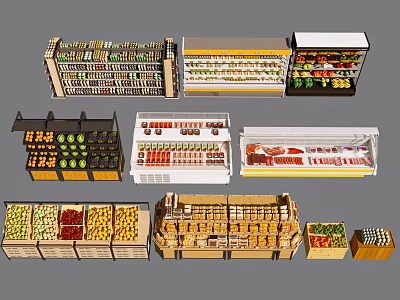 Various Types of Supermarket Display Shelves Showcasing Fruits Vegetables and Snacks 3d model