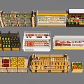 Various Types of Supermarket Display Shelves Showcasing Fruits Vegetables and Snacks
