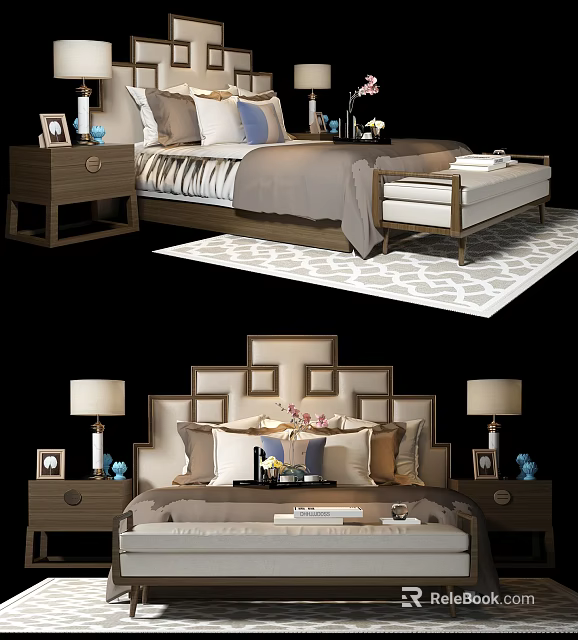 Modern Double Bed Interior Design With Nightstands Table Lamps Decorative Frames And Area Rug 3d model