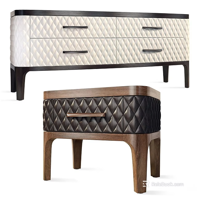 Modern Leather Upholstered Nightstand With Diamond Stitch Design And Wooden Legs 3d model 