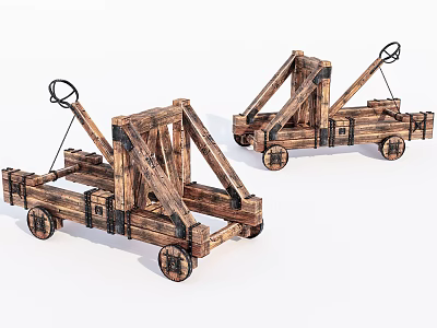 Two Medieval Wooden Catapult Weapons With Wheeled Base And Crossbeam Structure 3d model