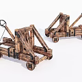 Two Medieval Wooden Catapult Weapons With Wheeled Base And Crossbeam Structure 3d model