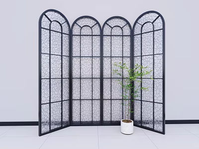 Black Arched Folding Room Divider Screen With Grid Design And Green Plant On White Floor 3d model