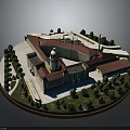 Historic Architectural Model With Symmetrical Design Red Roof Central Dome And Surrounding Trees