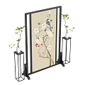 Traditional Chinese Decorative Screen With Magnolia Flowers Blue Bird And Green Plants In Tall Vases