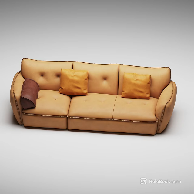 Brown Leather Multi person Sofa With Stitched Design And Decorative Pillows 3d model